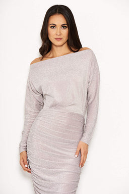 Slash Neck Glitter Ruched Dress