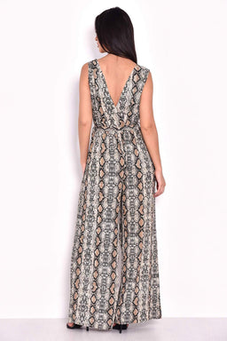 Snake Print Pleated Tie-Waist Jumpsuit