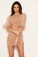 Stone Faux Suede Puff Sleeve Bodycon Dress