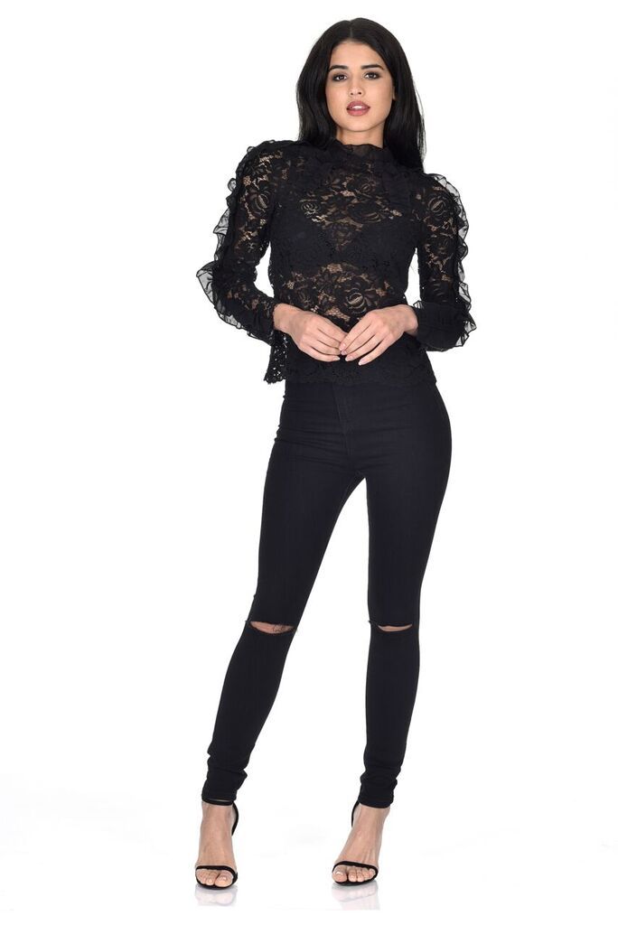 Black High Neck Lace Ruffle Detail Top