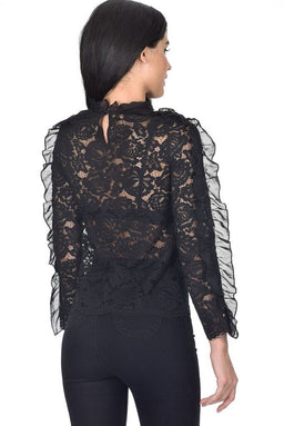 Black High Neck Lace Ruffle Detail Top