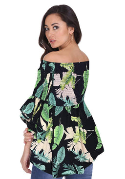 Navy Leaf Print Bardot Top