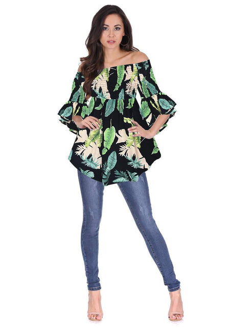 Navy Leaf Print Bardot Top