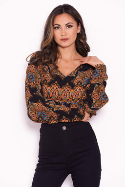 Black Paisley Long Sleeved Bodysuit