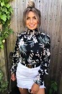 Black High Neck Floral Top