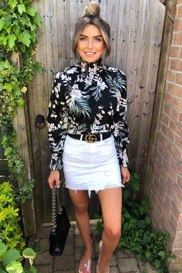 Black High Neck Floral Top