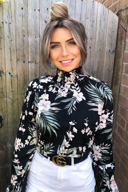 Black High Neck Floral Top