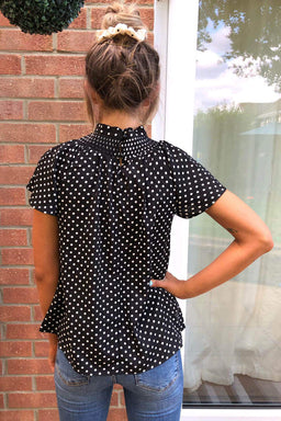 Black Polka Dot Pleated High Neck Top