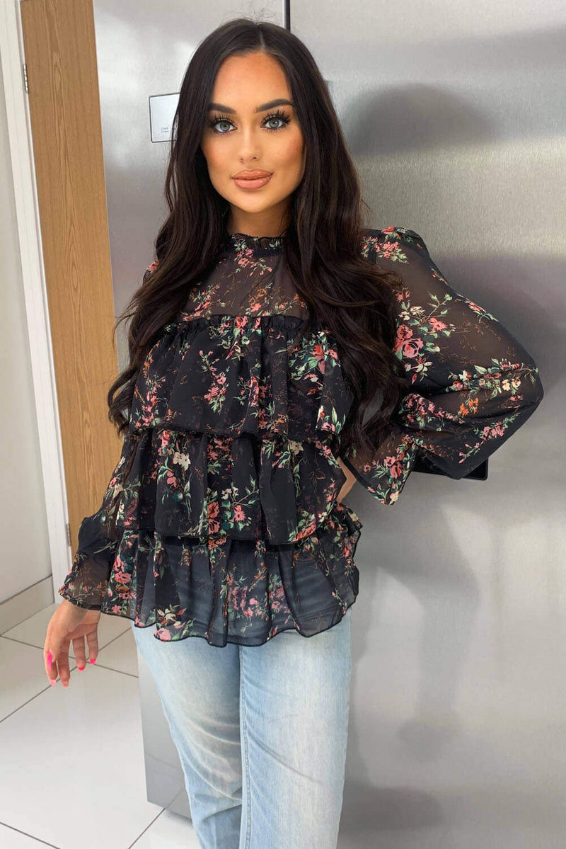 Black Floral Sheer Frill Long Sleeve Top