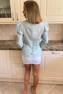 Mint Abstract Puff Sleeve Top