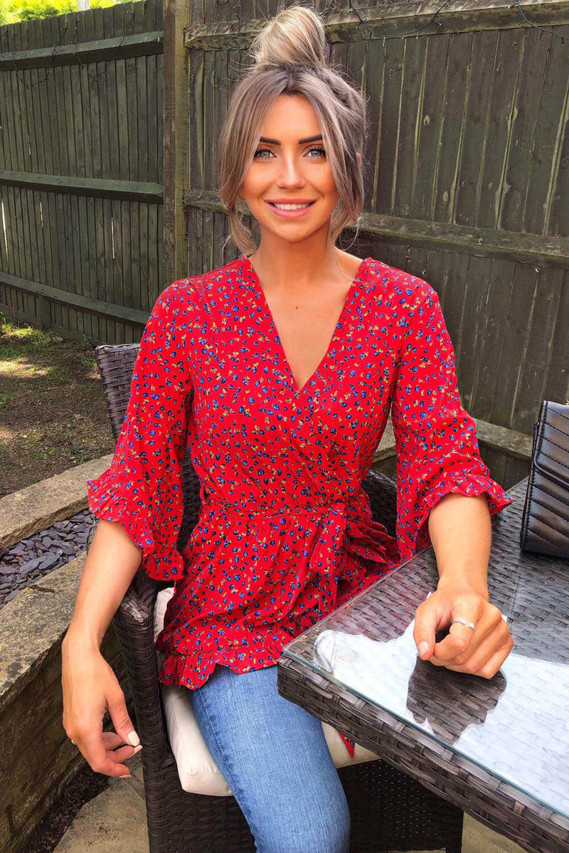 Red Floral Wrap Top