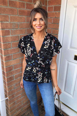 Black Floral Wrap Top