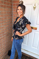 Black Floral Wrap Top