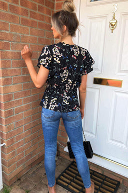 Black Floral Wrap Top