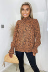 Tan Printed Elasticated Cuff Long Sleeve Top