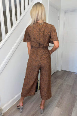 Tan Printed Wrap Top Jumpsuit
