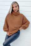 Tan Roll Neck Balloon Sleeve Knitted Jumper