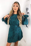 Teal Animal Printed Elastic Cuff Dress