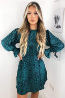 Teal Animal Printed Elastic Cuff Dress