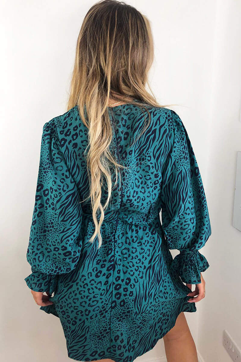 Teal Animal Printed Elastic Cuff Dress