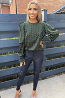 Teal Chain Printed Double Puff Sleeve Top