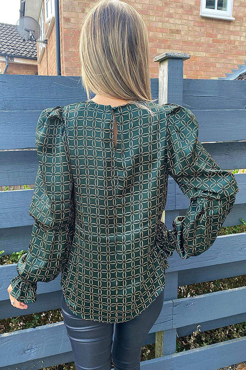 Teal Chain Printed Double Puff Sleeve Top