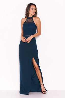 Teal Crochet Top High Neck Maxi Dress