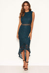 Teal Fishtail Hem Lace Midi Dress