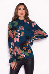 Teal Floral Ruched Sleeve And Collar Blouse