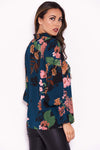 Teal Floral Ruched Sleeve And Collar Blouse