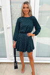 Teal Heart Print Pleat Long Sleeve Dress