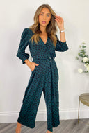 Teal Heart Printed Belted Jumpsuit