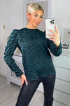 Teal Heart Printed Long Gathered Sleeve Top