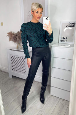 Teal Heart Printed Long Gathered Sleeve Top