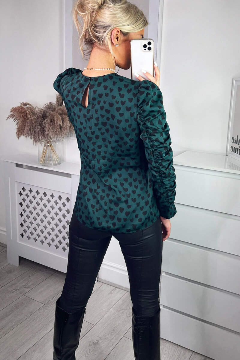 Teal Heart Printed Long Gathered Sleeve Top