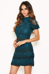 Teal High Neck Lace Layer Frill Mini Dress