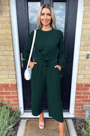 Teal Knot Front Long Sleeve Jumpsuit