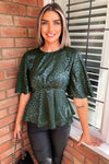 Teal Leopard Print Satin Flared Blouse