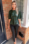 Teal Leopard Print Satin Flared Blouse