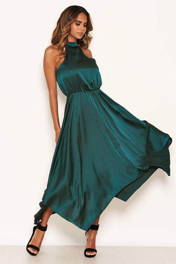 Teal Satin Sleeveless Maxi Dress