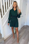 Teal Shirred Waist Long Sleeve Shirt Dress