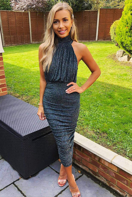 Teal Sparkle High Neck Ruched Midi Dress