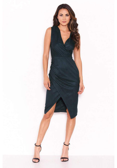 Teal Suede V Neck Wrap Dress
