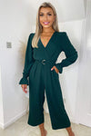 Teal Wrap Over Elasticated Cuff Belted Jumpsuit