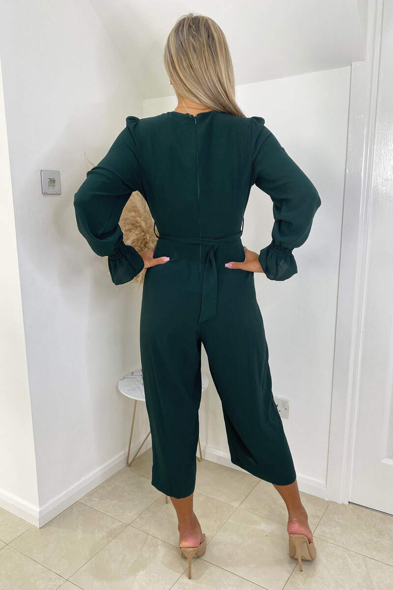 Teal Wrap Over Elasticated Cuff Belted Jumpsuit