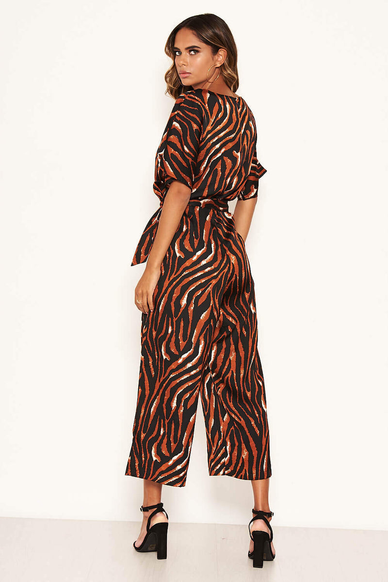 Tiger Print Belted Culotte Jumpsuit