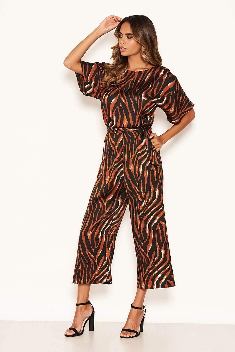 Tiger Print Belted Culotte Jumpsuit