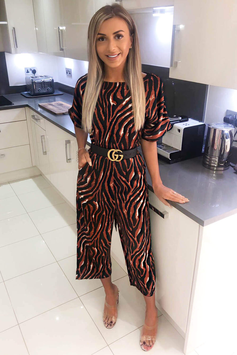 Tiger Print Belted Culotte Jumpsuit