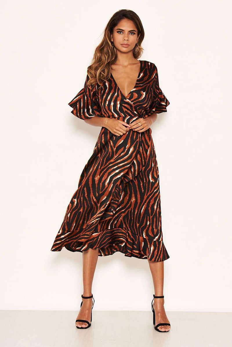 Tiger Print Wrap Dress With Frill Hem And Sleeves