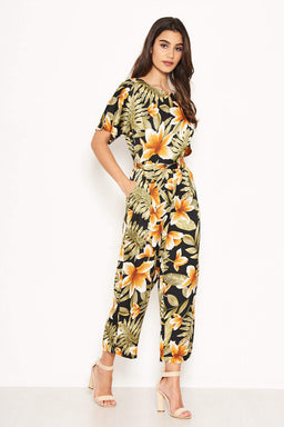 Tropical Print Belted Jumpsuit